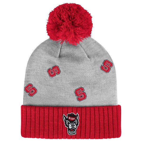 Grey/Red Cuffed Knit Beanie With Po
